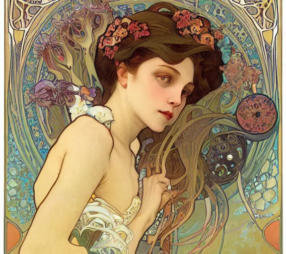 Prompt: the empress of the jellyfish, art nouveau portrait, by alphonse mucha, Adolfo Hohenstein, Stanley Artgerm Lau, greg rutkowski, thomas kindkade, loish