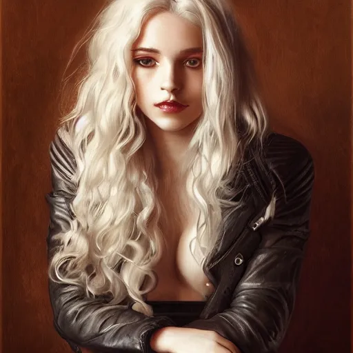 Prompt: portrait of a beautiful woman, white curly hair, wearing leather jacket, by mandy jurgens