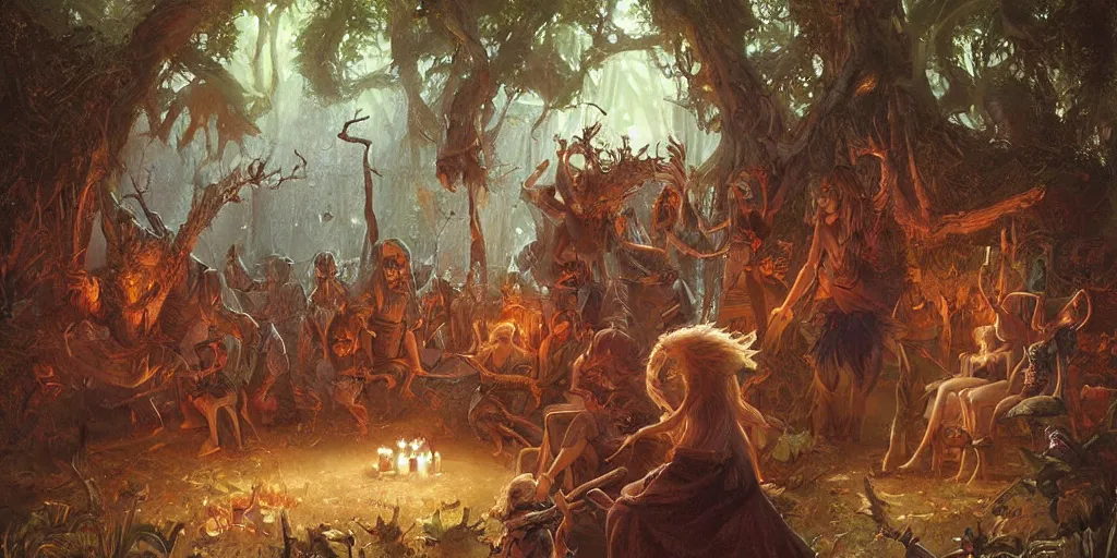 Image similar to fantasy painting with a forest party where witches and pirates are having lots of fun and rum, by Greg Rutkowski and Michael Whelan