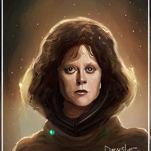 Image similar to young sigourney weaver as a d & d ice warlock, character portrait by wlop