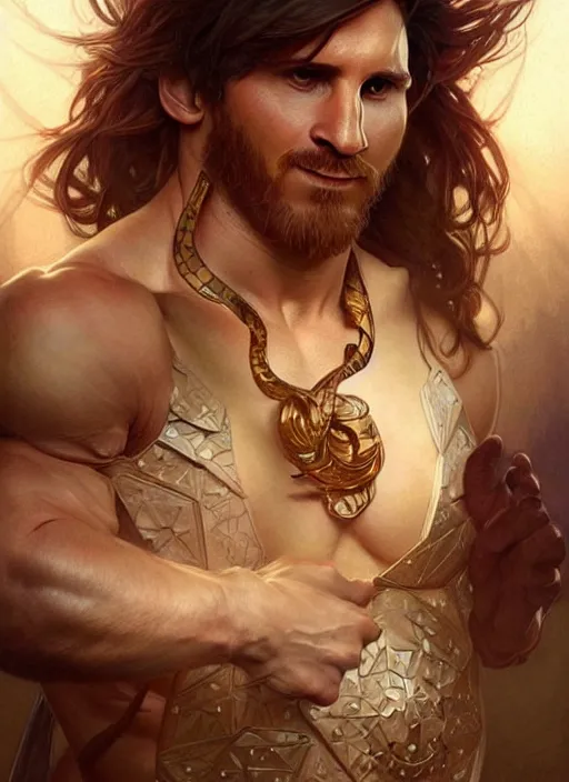 Image similar to lionel messi, d & d, muscular! fantasy, intricate, elegant, highly detailed, digital painting, artstation, concept art, smooth, sharp focus, illustration, art by artgerm and greg rutkowski and alphonse mucha