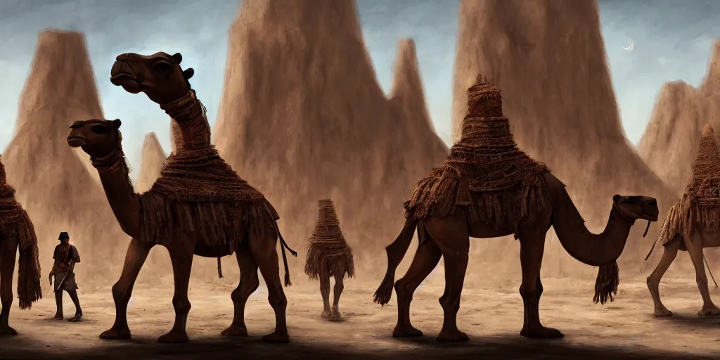 Image similar to bipedal humanoid camel merchants in town square, tents, matte oil painting, retrofuturistic, concept art, quarrying, science fantasy, mutant, lgbt, rpg, epic, rusted, white salt, badlands, jungles, dungeons & dragons, sacred, sharp focus, award - winning, extremely detailed, 4 k, 8 k