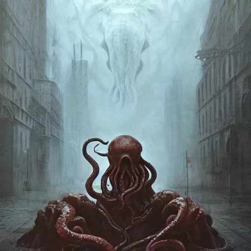 Image similar to Cthulhu eating toast, art by greg rutkowski and Zdzislaw Beksinski, good clear quality, lighting, horror, biology, symmetrical artwork, tentacles, Cthulhu Mythos, 135 mm, cinematic, hyper realism, high detail, octane render, 8k, chrome accents