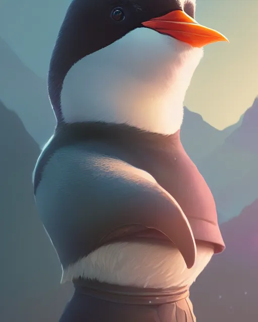 Image similar to highly detailed vfx portrait of a cute penguin, stephen bliss, unreal engine, greg rutkowski, loish, rhads, beeple, makoto shinkai and lois van baarle, ilya kuvshinov, rossdraws, tom bagshaw, alphonse mucha, global illumination, detailed and intricate environment