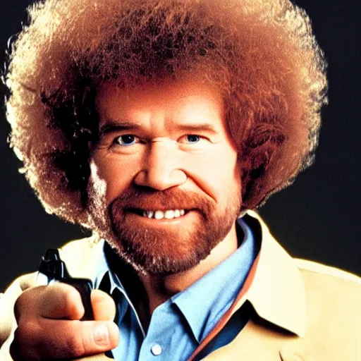 Image similar to Bob Ross holding a pistol pointed at you