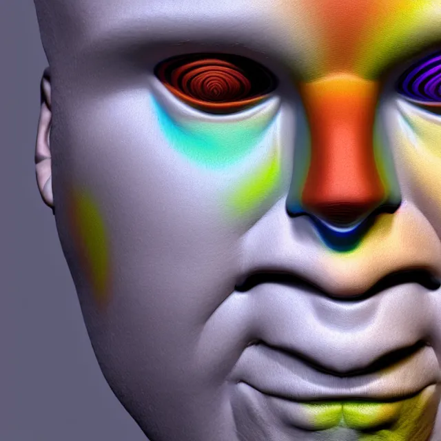 Prompt: a man's face made of porcelain with a multicolored pattern on it, a raytraced image, behance, generative art, rendered in cinema 4 d, behance hd, vray tracing, quantum wavetracing