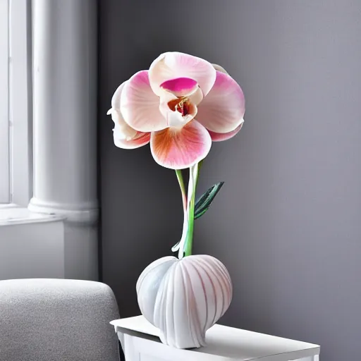 Prompt: genetically modified blend of rose lily carnation orchid ranunculus anenome, floral arrangement in futuristic!! vase made of mother of pearl, architectural digest, year 2 3 0 0