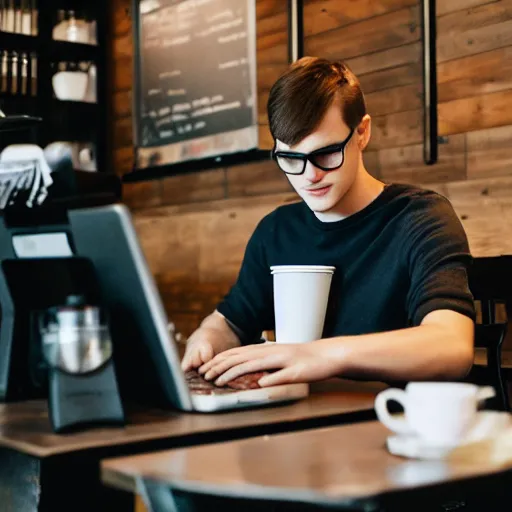 Image similar to Slenderman drinking coffee and working on his laptop in a cafe