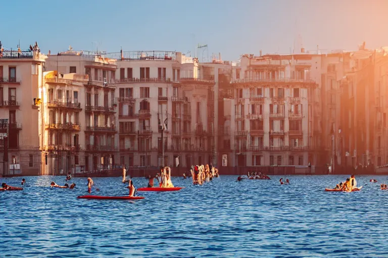 Image similar to views of people on boats on a catastrophic barcelona, buildings covered with high water, floating cars, sunset lighting, photo real