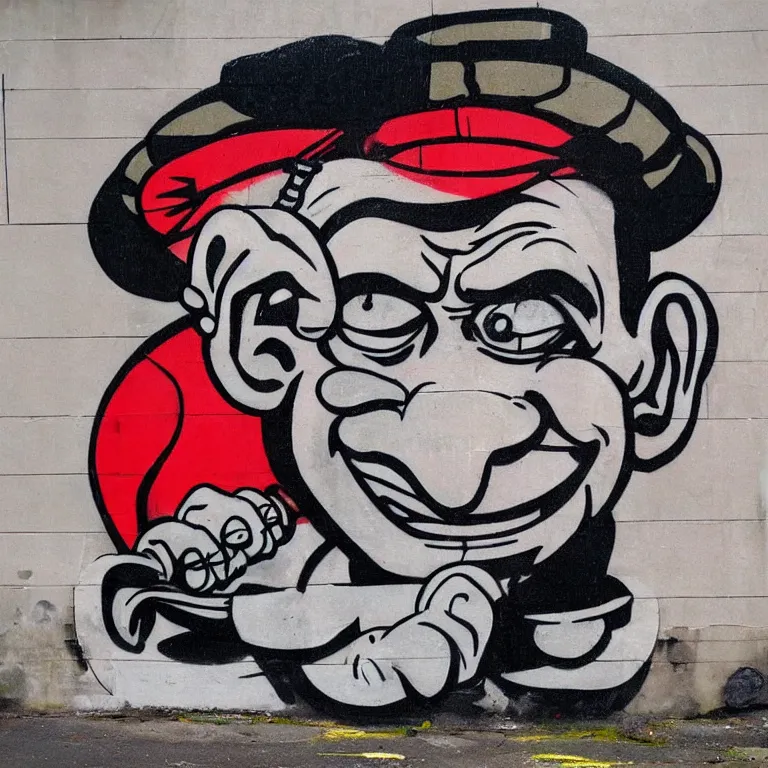 Image similar to Street-art portrait of Popeye the Sailor with the squinting (or entirely missing) right eye, huge forearms with two anchor tattoos, skinny upper arms, and corncob pipe. in style of Banksy, comic character, photorealism