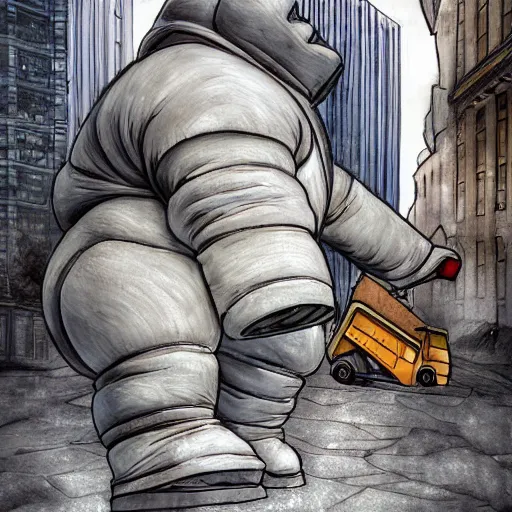 Image similar to the michelin man crushing buildings beneath his feet, destroying a city, digital art, photorealistic
