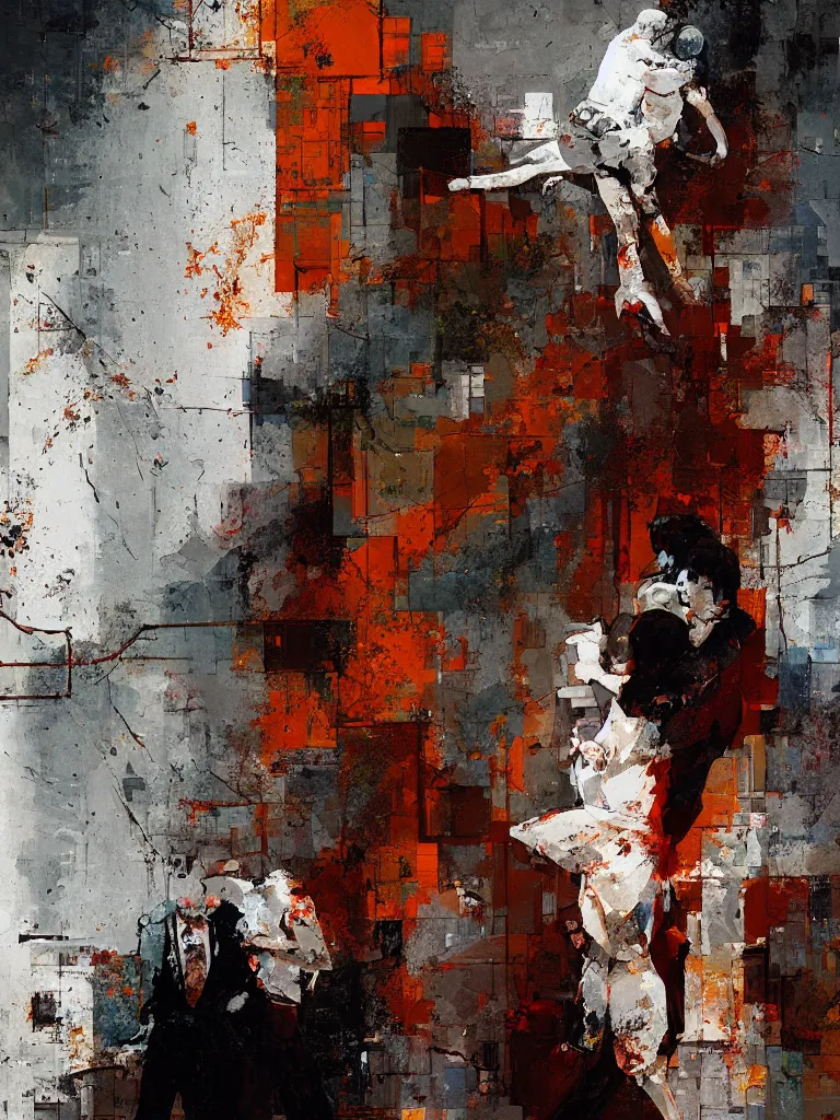 Image similar to a beautiful painting by alex kanevsky and christian hook of a couple in a glitched bathroom, metal rust and plaster materials, pixel sorting, color bleeding, brushstrokes by jeremy mann