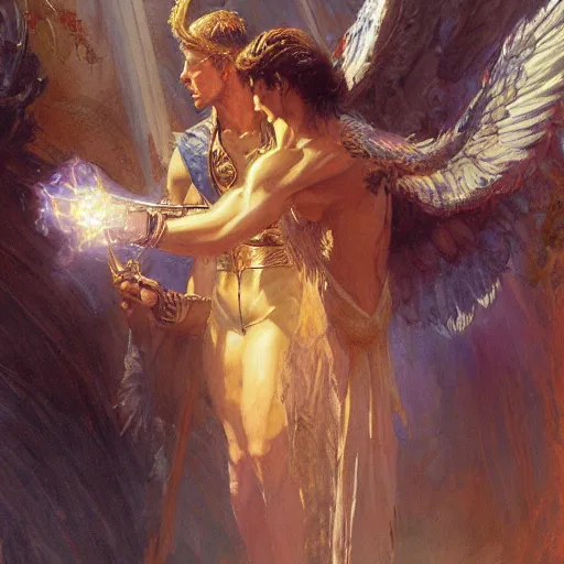 Image similar to attractive male deity casts light spell, summons attractive male lucifer morningstar. highly detailed painting by gaston bussiere, craig mullins, j. c. leyendecker 8 k