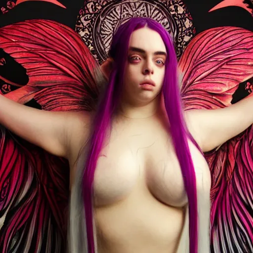 Prompt: 4K photoshoot curvy goddess Billie Eilish Elf with defined arms and open hands and bloody clothes with vibrantly colored giant mandala wings , intricate face , flawless anime cel animation by Kentaro Miura, psychedelic , highly detailed upper body , professionally post-processed , beautiful, scary, symmetry accurate features, epic, octane rendered, anime masterpiece, accurate