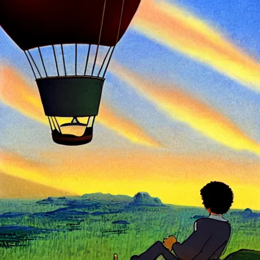 Prompt: drawing of bob ross in an air balloon, sunset, by studio ghibli