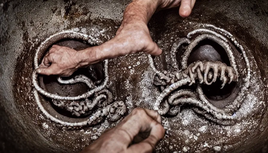 Image similar to Horror movie, a tentacle reaches up out of the kitchen sink drain.