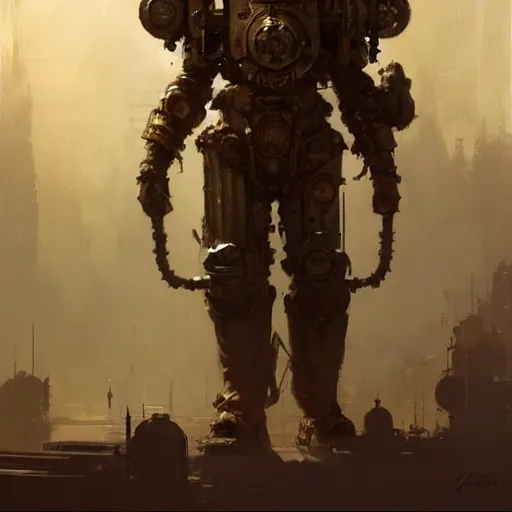 Image similar to concept art of a giant wearing steampunk power armor. illustration, gritty, roman, artgerm, by craig mullins, by gaston bussiere, by greg rutkowski, stylized, trending on artstation, intricate, digital painting, fantasy illustration