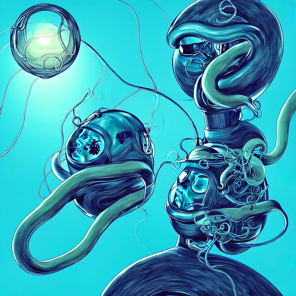 Image similar to an eternal self portrait by the artist kelbv, in distinct hyper detailed style with tubes neatly curving around his head, and inflated body filled with light blue and teal truncated tetrahedra, perfect studio lighting against a backdrop of a still from the movie flight of the squid.