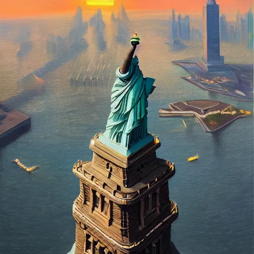Prompt: a hyper realistic painting of man mixed with eagle standin on the statue of liberty, watching the colorful city with highly detailed skyline, sunset, majestic, wonderful, fantasy, by Greg Rutkowski, Trending on Artstation, digital art