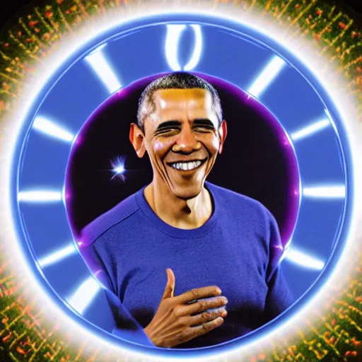 Prompt: Obama has a Astrology Magic Circle Blue Light floating above his hand, Obama is smiling towards the viewer, 40nm lens, 4k,