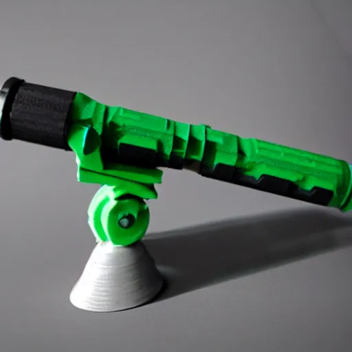 Prompt: a working rocket launcher that was 3 d printed using black and green filament. 8 5 mm lens, f 1. 8.