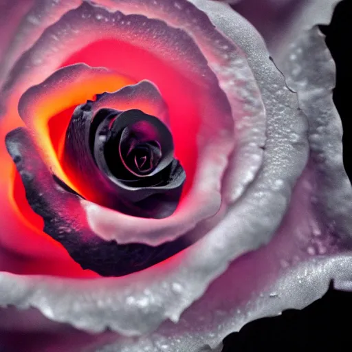 Image similar to award - winning macro of a beautiful black rose made of glowing molten magma