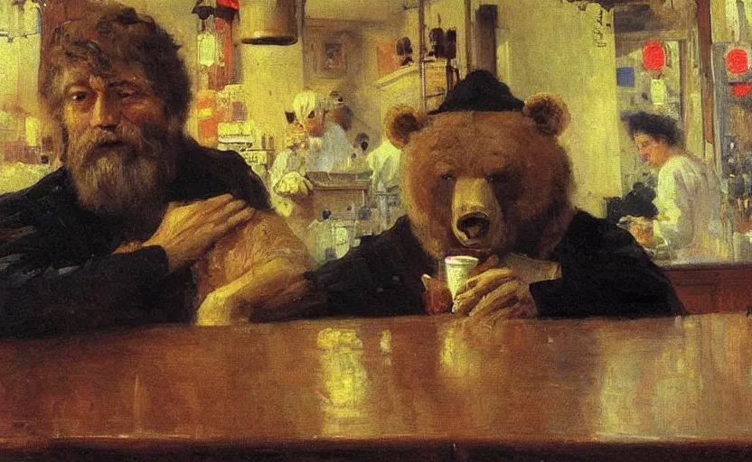 Image similar to high quality high detail painting by ilya repin, friendly bear sitting behind the counter of coffeeshop, hd