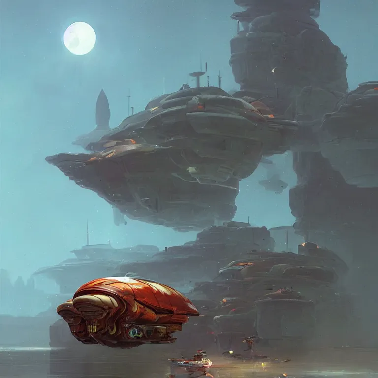 Prompt: mechanized hermit crab ship, sci-fi concept art, by John Harris, by Simon Stålenhag, highly detailed, award winning