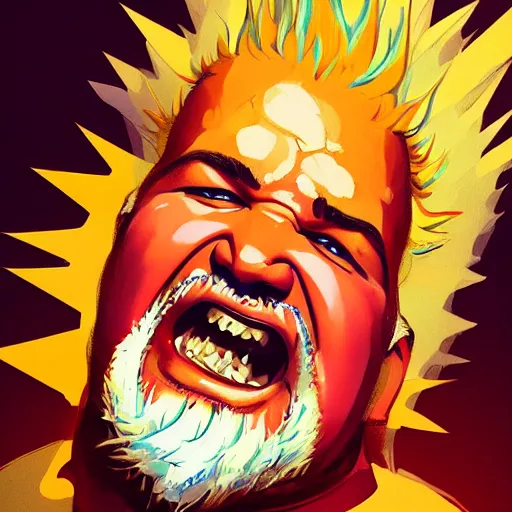 Image similar to a beautiful portrait of guy fieri with no teeth, toothless, gums!!! by greg rutkowski and bill sienkiewicz trending on artstation