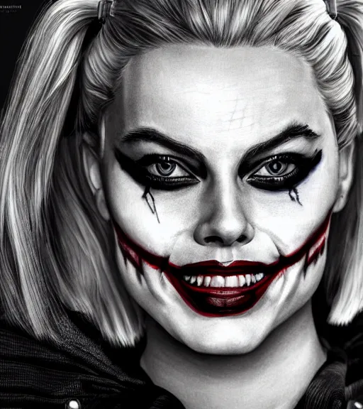 Image similar to a realism drawing of margot robbie as harley quinn portrait with joker makeup, in the style of den yakovlev, realistic face, black and white, realism, hyper realistic, highly detailed