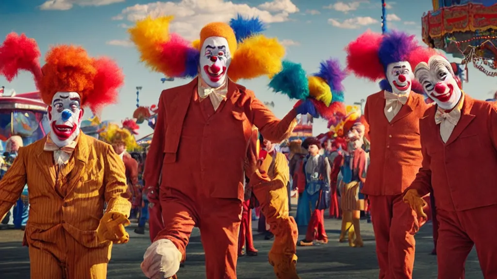 Prompt: the giant clowns at the fair, film still from the movie directed by denis villeneuve and david cronenberg with art direction by salvador dali and dr. seuss