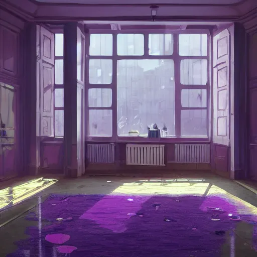 Image similar to interior of an apartment with purple carpeting and large windows, matte painting by sylvain surrailh, greg rutkowski, artstation