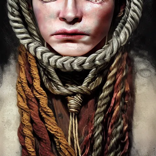 Image similar to portrait of a Shibari rope wrapped face and neck, headshot, insanely nice professional hair style, dramatic hair color, digital painting, of a old 17th century, old cyborg merchant, mouth wired shut, amber jewels, baroque, ornate clothing, scifi, realistic, hyperdetailed, chiaroscuro, concept art, art by Franz Hals and Jon Foster and Ayami Kojima and Amano and Karol Bak,