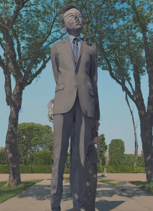 Image similar to a sculpture of a man standing next to a tall vase, a raytraced image by Hikari Shimoda, polycount, video art, vray tracing, ray tracing, rendered in unreal engine