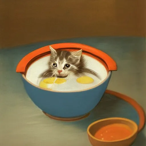 Image similar to a boat inside of a bowl of soup, being sailed by a baby kitten