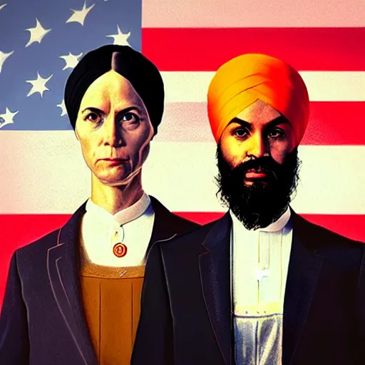 Prompt: Justin Trudeau together with Jagmeet Singh in the american gothic painting, concept art, sharp focus, highly detailed digital painting by Grant Wood, artstation