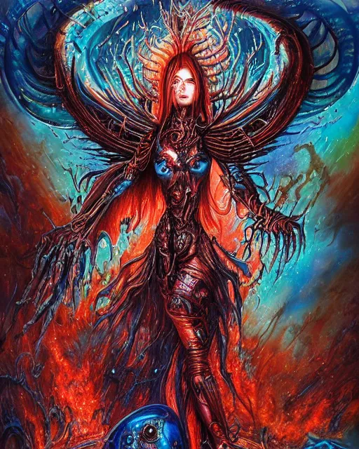 Prompt: mechanical charred bloody fleshmetal cyborg daemonhost woman psychedelic flamer of tzeentch, blue and green rainbow fire, by antonio j. manzanedo, alex grey, android jones, wayne barlowe, philippe druillet, raymond swanland, cyril rolando, josephine wall, harumi hironaka, cronenburg, trending on artstation