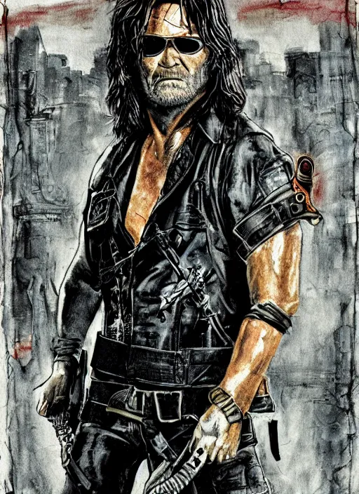 Prompt: Kurt Russell as Snake Plissken Escape From New York, Movie Inspired, mixed media, tritone