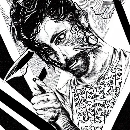 Prompt: black and white pen and ink!!!! rugged royal masonic goetic!! Frank Zappa x Ryan Gosling golden!!!! Vagabond!!!! floating magic swordsman!!!! glides through a beautiful!!!!!!! battlefield dramatic esoteric!!!!!! pen and ink!!!!! illustrated in high detail!!!!!!!! by Junji Ito and Hiroya Oku!!!!!!!!! graphic novel published on 2049 award winning!!!! full body portrait!!!!! action exposition manga panel black and white Shonen Jump issue by David Lynch and Ari Aster beautiful line art Araki