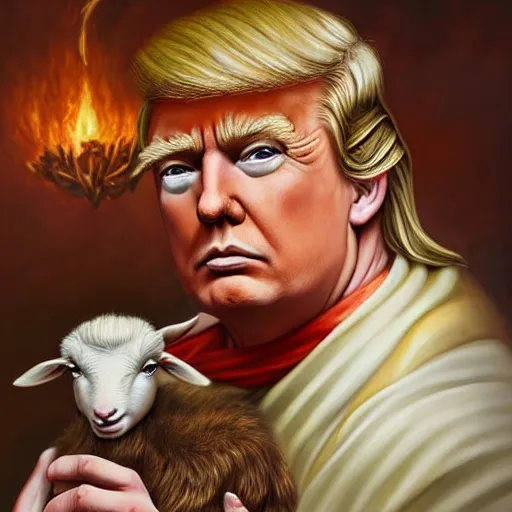 Prompt: a detailed fantasy character painting of Donald Trump holding a lamb, dressed like Jesus Christ, by lauri blank, artgerm, evelyn de morgan, 8K, 50mm lens