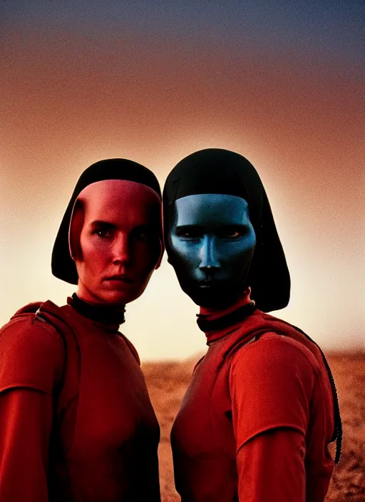 Prompt: cinestill 5 0 d photographic portrait by steve mccurry of two loving female androids wearing rugged black mesh techwear on a desolate plain with a red sky, extreme closeup, cyberpunk style, dust storm, 8 k, hd, high resolution, 3 5 mm, f / 3 2, ultra realistic faces, ex machina