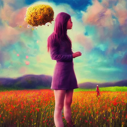 Image similar to girl with an exploding flower for a head, surreal photography, dream, standing in flower field, magical, in a valley, sunrise dramatic light, impressionist painting, colorful clouds, artstation, simon stalenhag, flower face