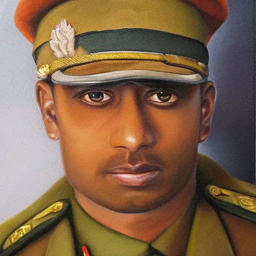 Prompt: detailed oil painting of a man in khaki army uniform. Portrait.