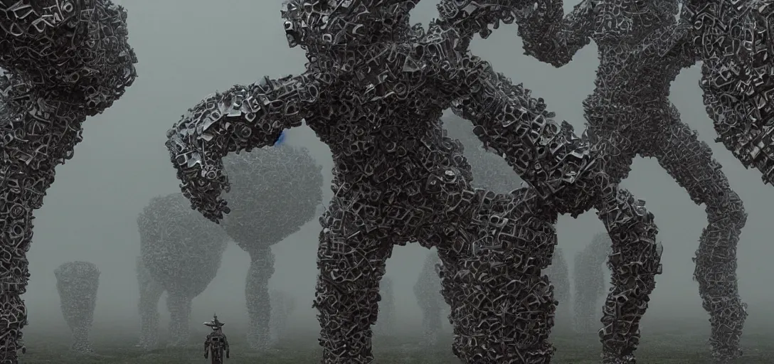 Image similar to a complex organic fractal 3 d metallic symbiotic ceramic humanoid megastructure creature in a suburban neighborhood, foggy, cinematic shot, photo still from movie by denis villeneuve, wayne barlowe