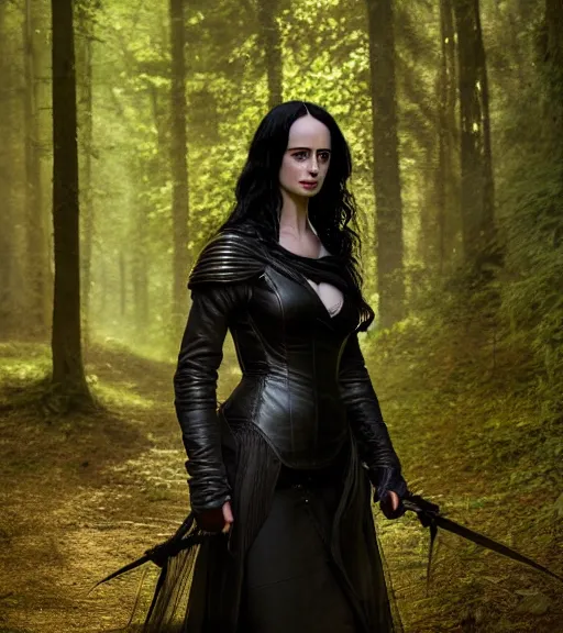 Image similar to 5 5 mm close up portrait photo of krysten ritter as yennefer of vengerberg with purple eyes in black leather armor and long black wavy hair, in a forest. magical atmosphere. art by greg rutkowski. lifelike. very detailed 8 k. intricate. soft light. nikon d 8 5 0.