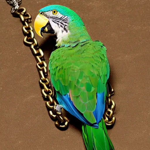 Image similar to a photo of a green parrot with a chain necklace around it's neck, the parrot is wearing the chain necklace around his neck, ultra high detail, 8 k.