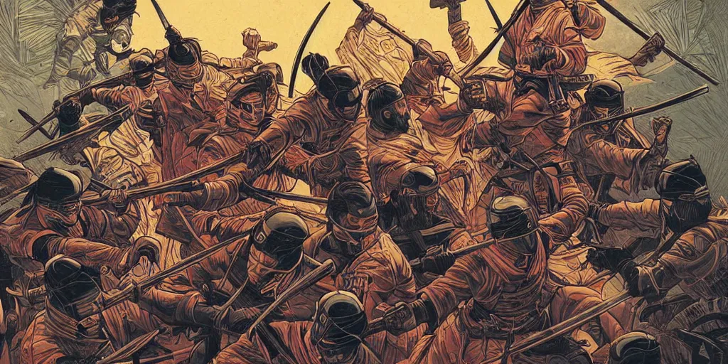 Prompt: Samurai vs ninjas. Epic painting by James Gurney and Laurie Greasley.
