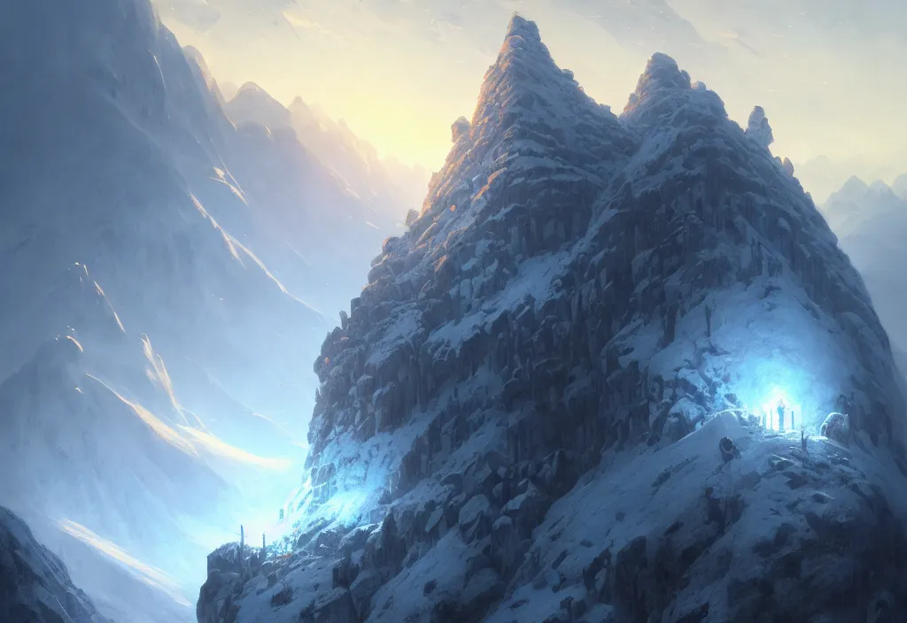 Image similar to large fortress inbetween two mountains, covered in snow, epic blue sky, cinematic view, concept art, high detail, well lit, volumetric, godrays, vivid, trending on artstation, by jordan grimmer, art greg rutkowski