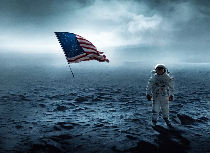 Image similar to astronaut holding a flag in an underwater desert. a submarine is visible in the distance. dark, concept art, cinematic, dramatic, atmospheric, 8 k, trending on artstation, blue, fish, low visibility, fog, ocean floor, christopher nolan, interstellar