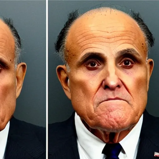 Image similar to Mugshot of Rudy Giuliani with makeup